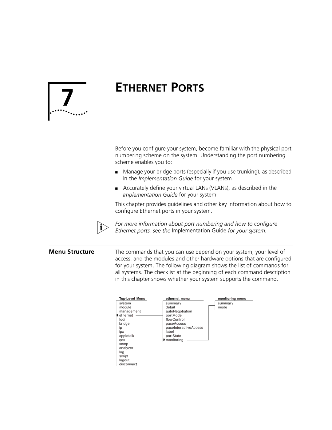 3Com 3500 manual Configure Ethernet ports in your system, This chapter shows whether your system supports the command 