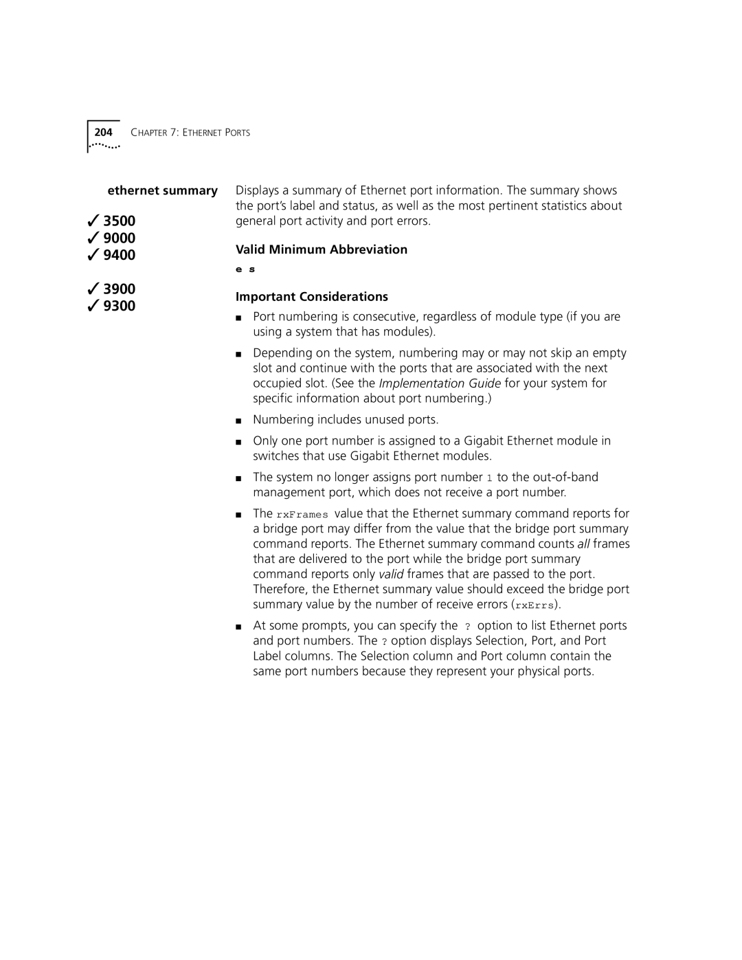 3Com 3500 manual Ethernet summary, Valid Minimum Abbreviation 