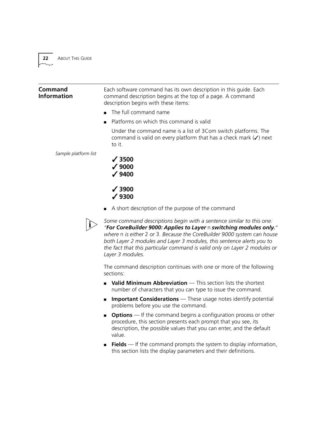 3Com 3500 manual Command description begins at the top of a page. a command, Description begins with these items 