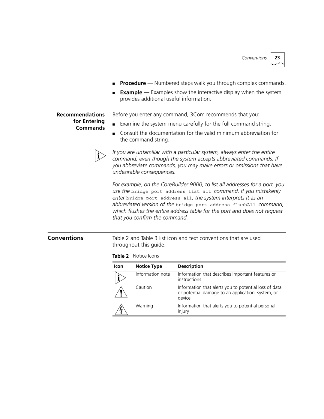 3Com 3500 manual Recommendations For Entering Commands, Throughout this guide, Icon Description 