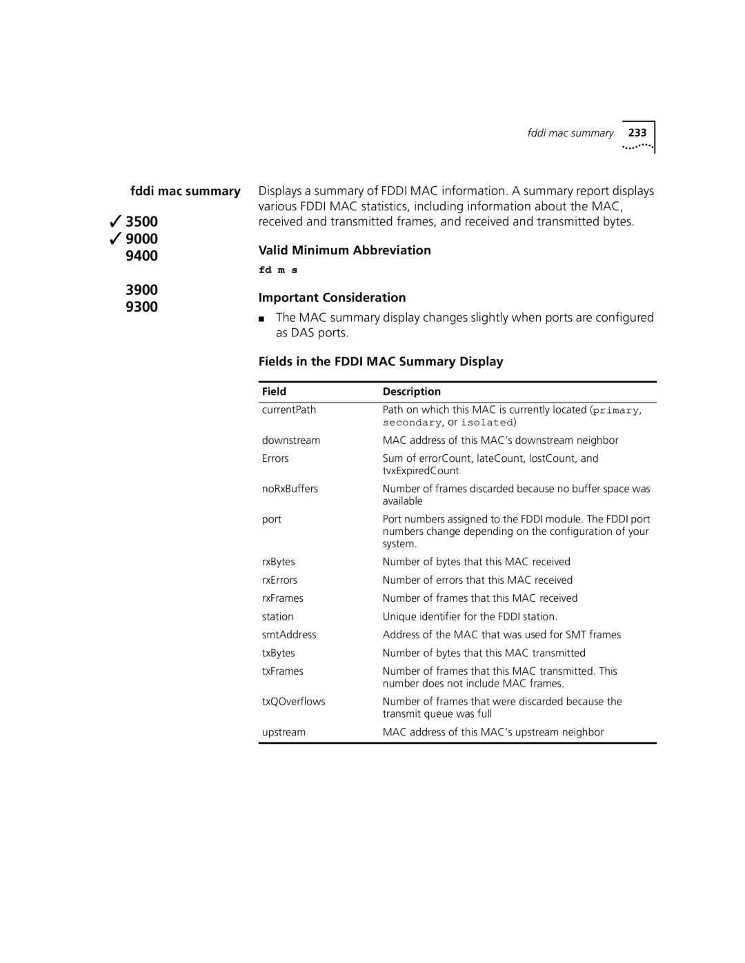 3Com 3500 manual Fddi mac summary, Fields in the Fddi MAC Summary Display 