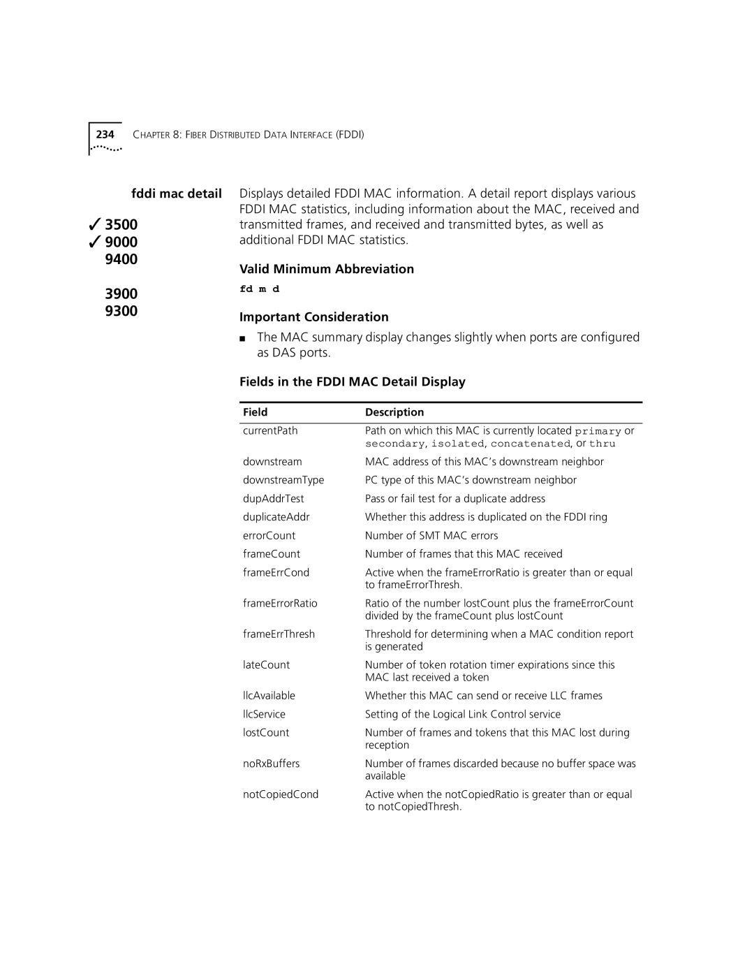 3Com 3500 manual Fddi mac detail, Fields in the Fddi MAC Detail Display 