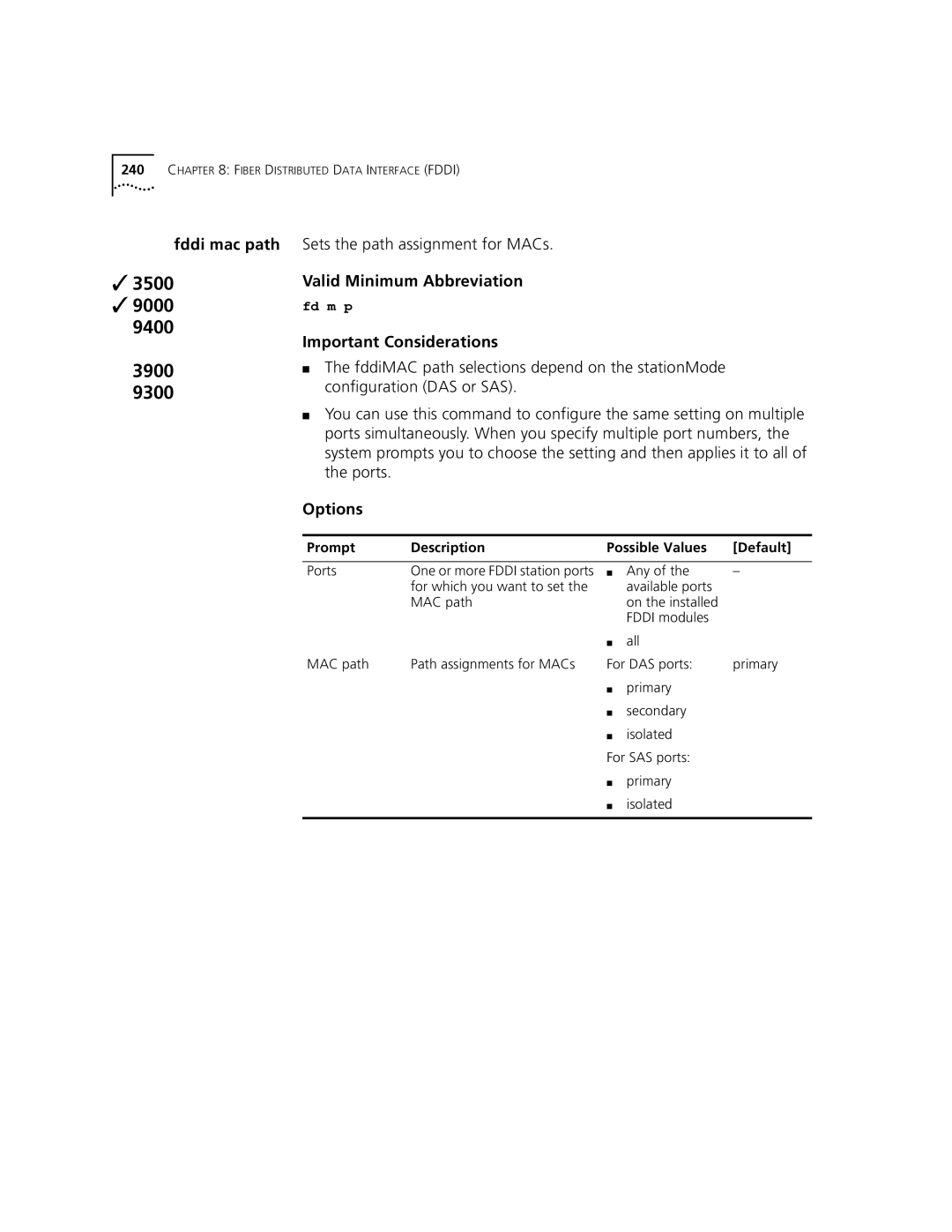 3Com 3500 manual Fddi mac path, Sets the path assignment for MACs 