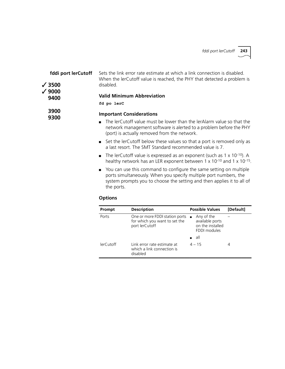 3Com 3500 manual Fddi port lerCutoff 