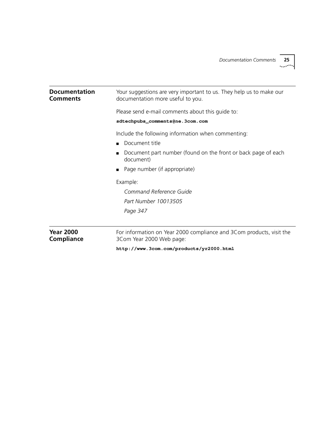 3Com 3500 manual Documentation more useful to you, Please send e-mail comments about this guide to, Document title, Example 