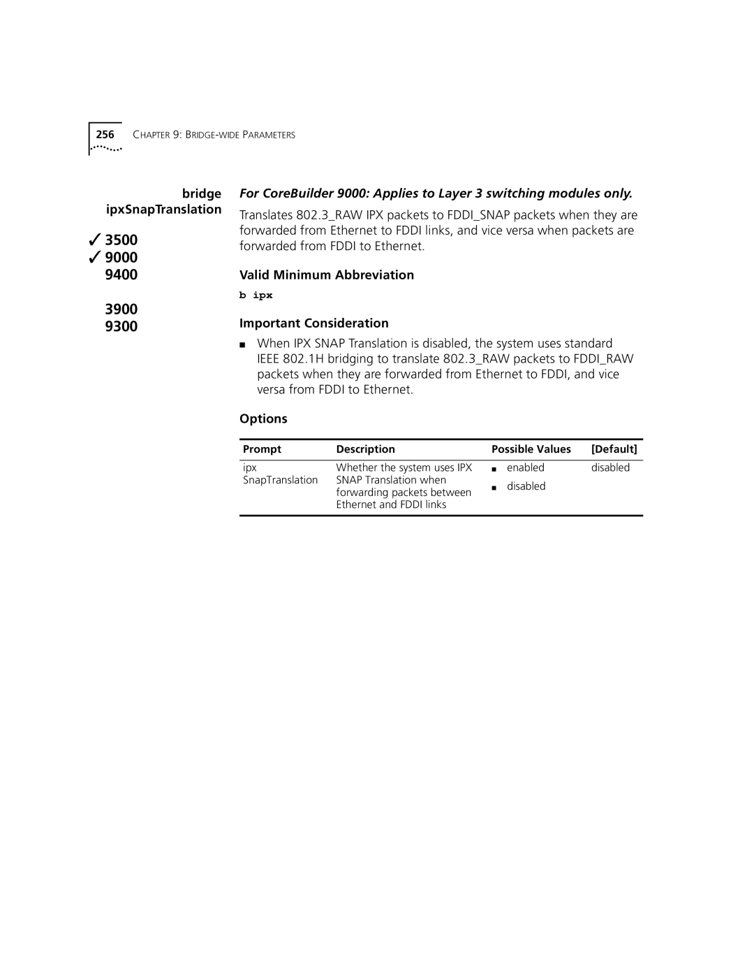 3Com 3500 manual Versa from Fddi to Ethernet Options, Ipx, SnapTranslation Snap Translation when, Ethernet and Fddi links 