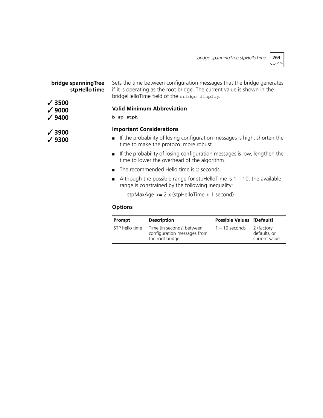 3Com 3500 manual Bridge spanningTree stpHelloTime 