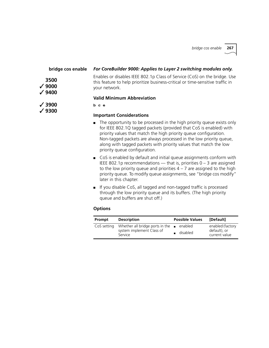 3Com 3500 manual Bridge cos enable 