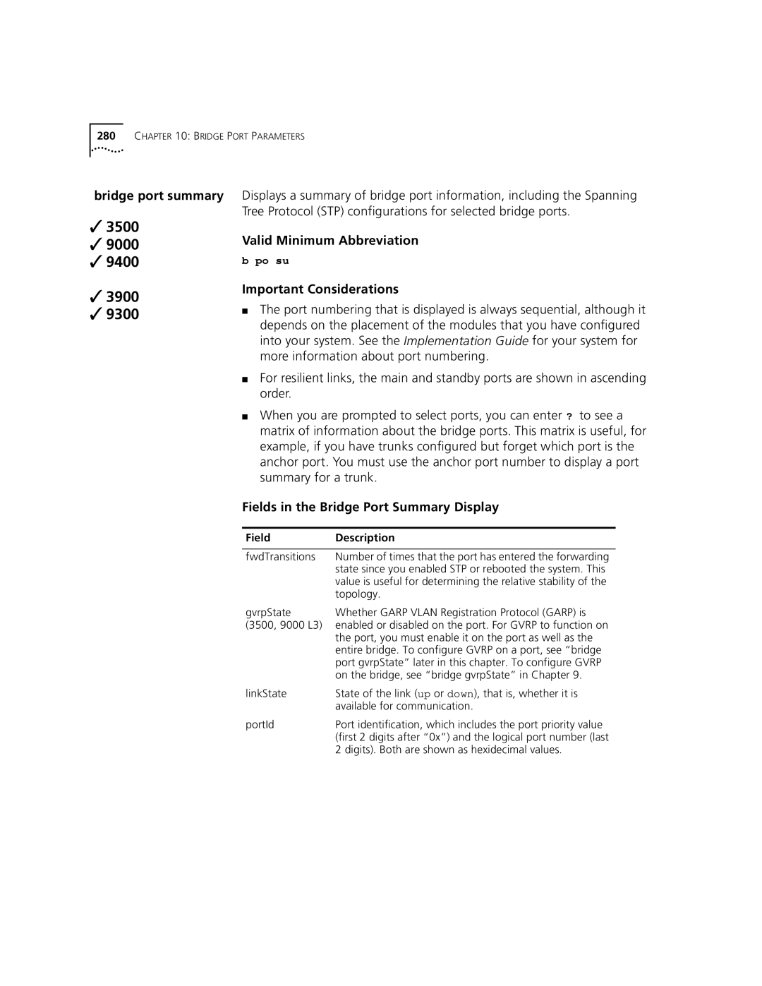 3Com 3500 manual Bridge port summary, Fields in the Bridge Port Summary Display 