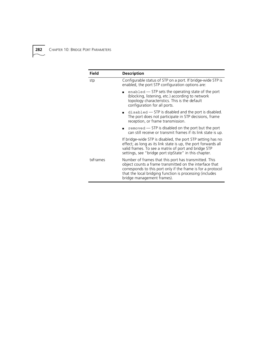 3Com 3500 manual Stp, Enabled, the port STP configuration options are, Enabled STP sets the operating state of the port 