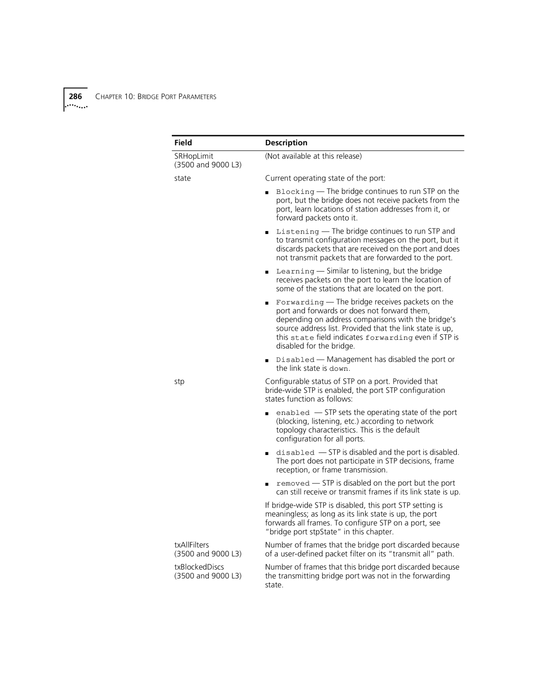 3Com 3500 manual Learning Similar to listening, but the bridge, If bridge-wide STP is disabled, this port STP setting is 