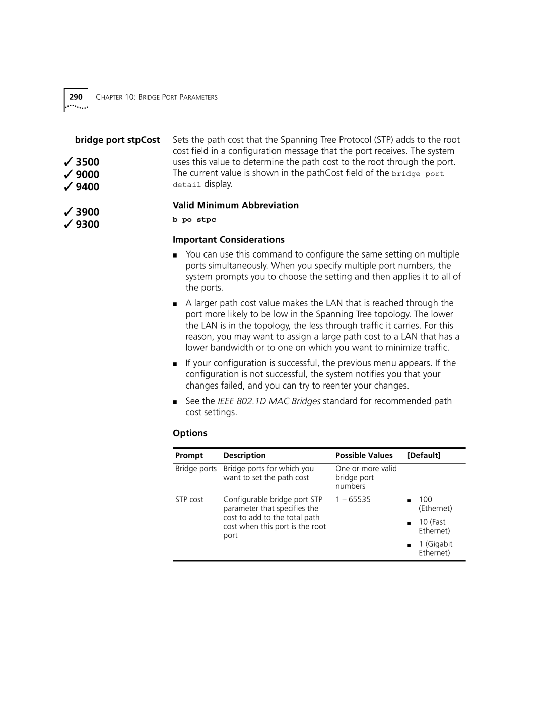 3Com 3500 manual Bridge port stpCost 