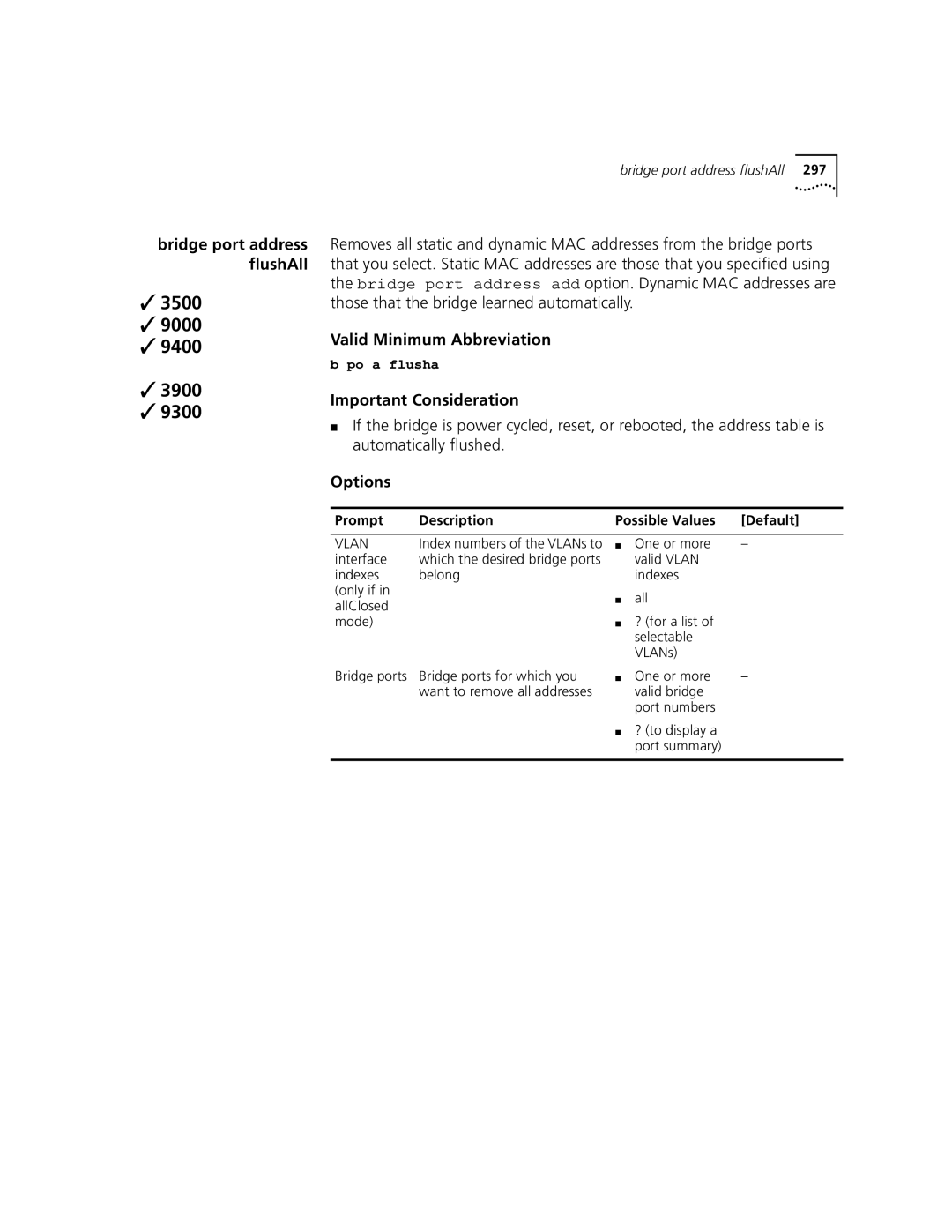 3Com 3500 manual Bridge port address flushAll 