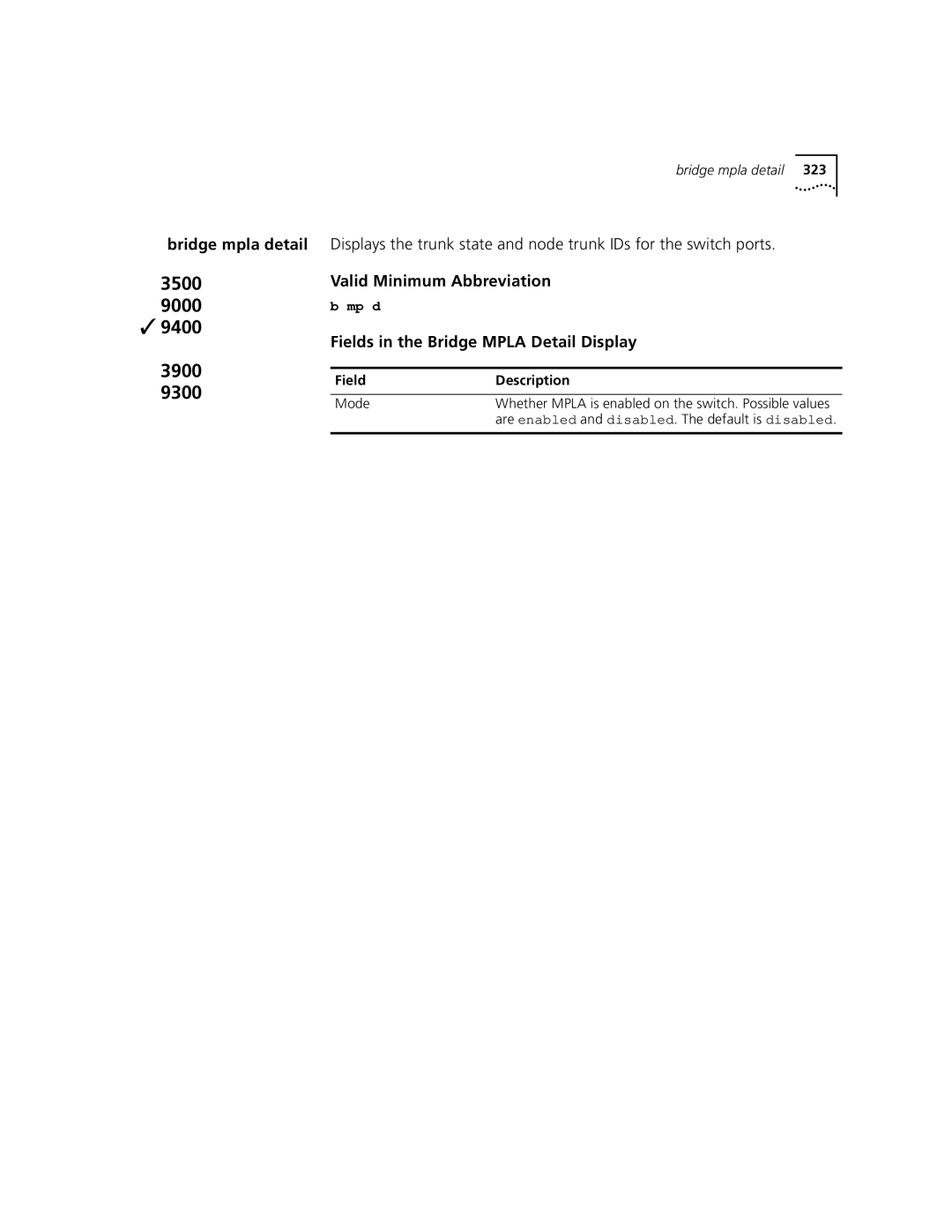 3Com 3500 manual Bridge mpla detail, Fields in the Bridge Mpla Detail Display 