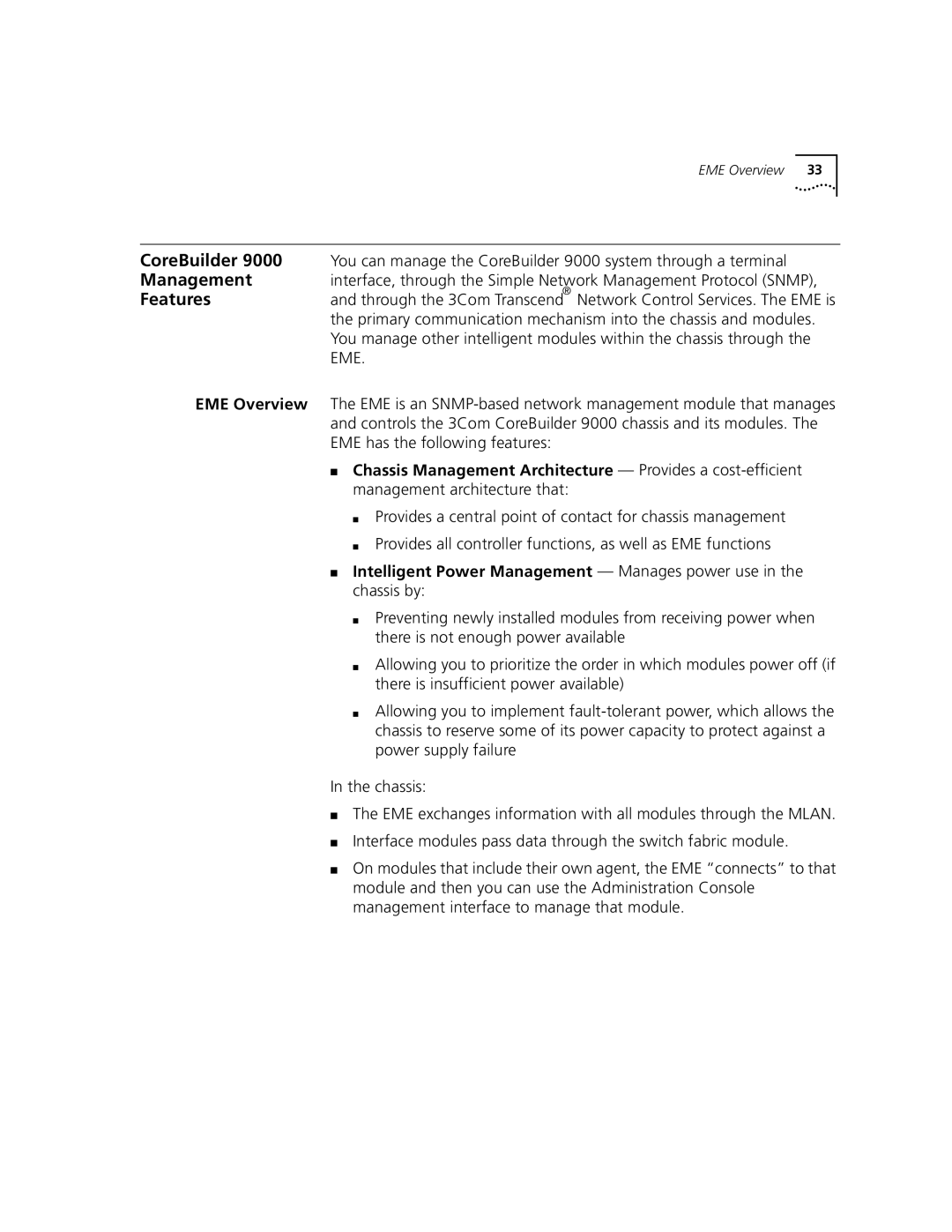 3Com 3500 manual EME Overview, Chassis Management Architecture Provides a cost-efficient 