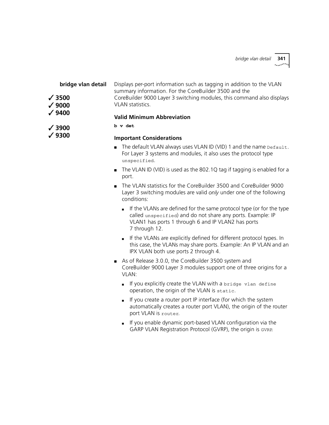 3Com 3500 manual Bridge vlan detail, Valid Minimum Abbreviation 