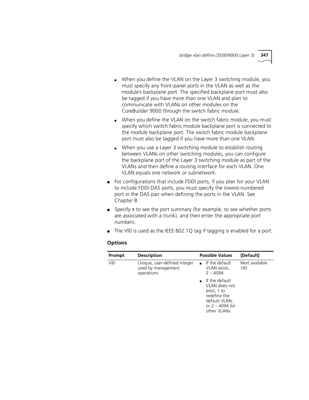 3Com 3500 manual Used by management, Operations, If the default, Vlan exists 