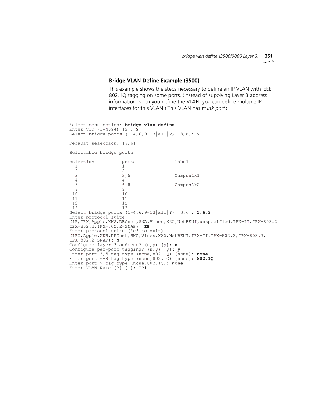 3Com 3500 manual Bridge Vlan Define Example 