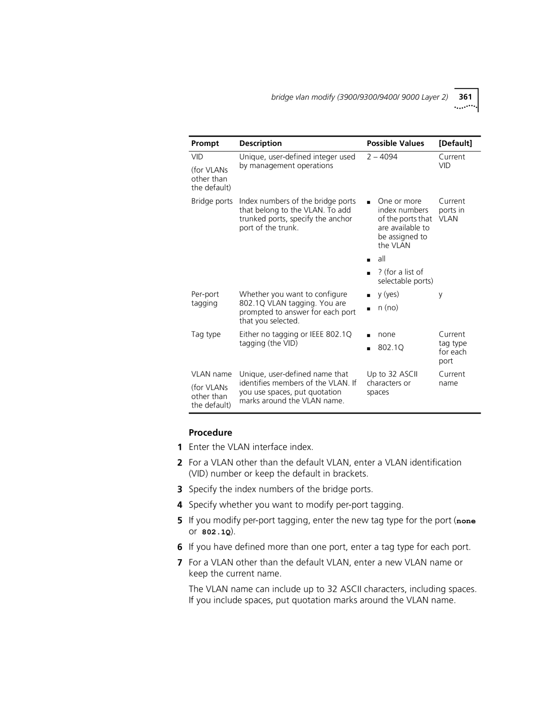 3Com 3500 manual Are available to Be assigned to Vlan All, Yes Tag type Vlan name 