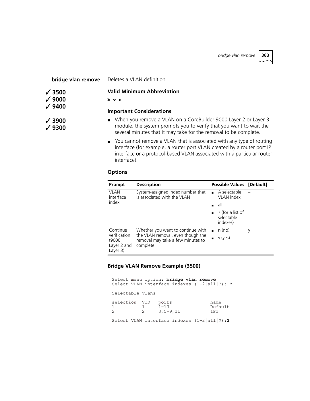 3Com 3500 manual Bridge vlan remove, Deletes a Vlan definition, Bridge Vlan Remove Example, Verification 