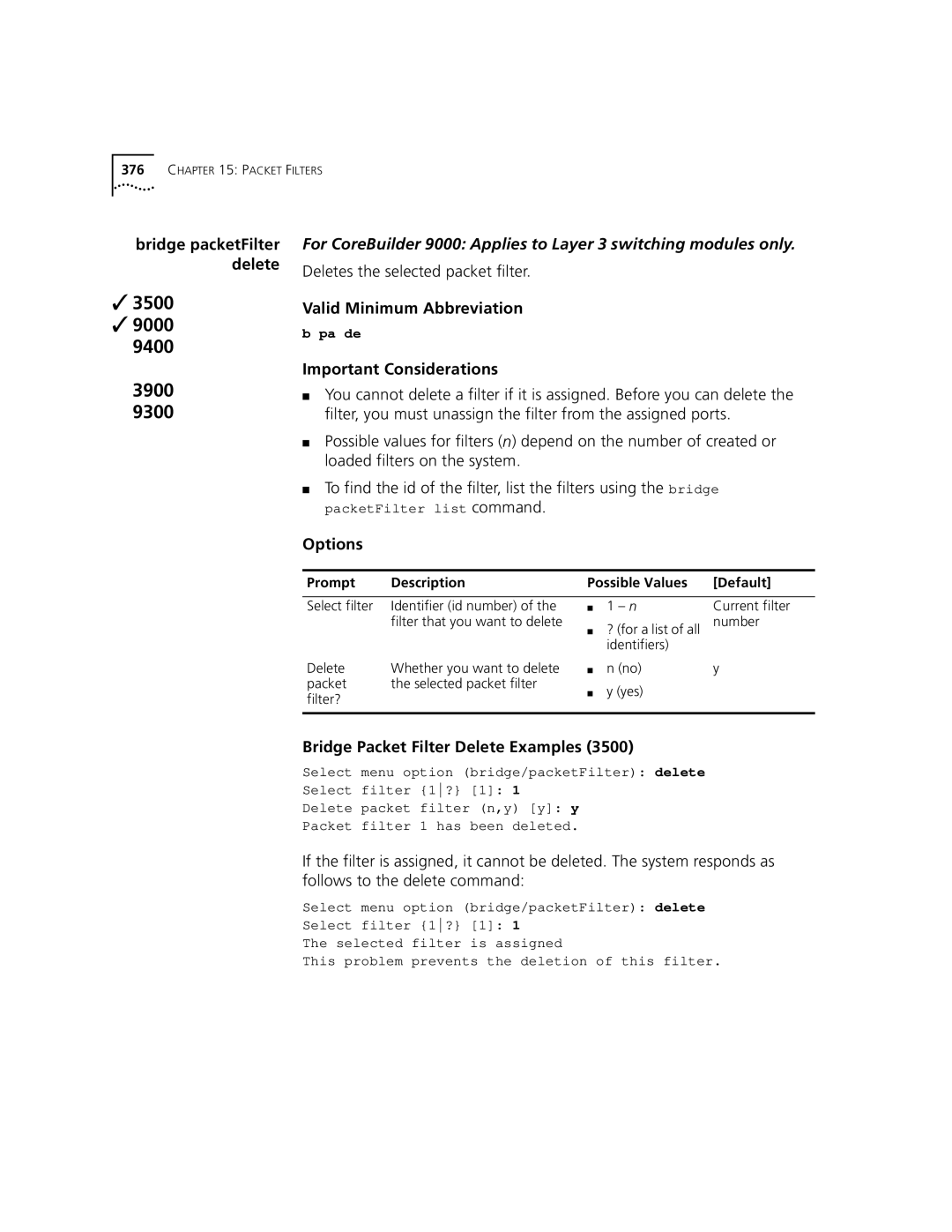 3Com 3500 manual Deletes the selected packet filter, Bridge Packet Filter Delete Examples 