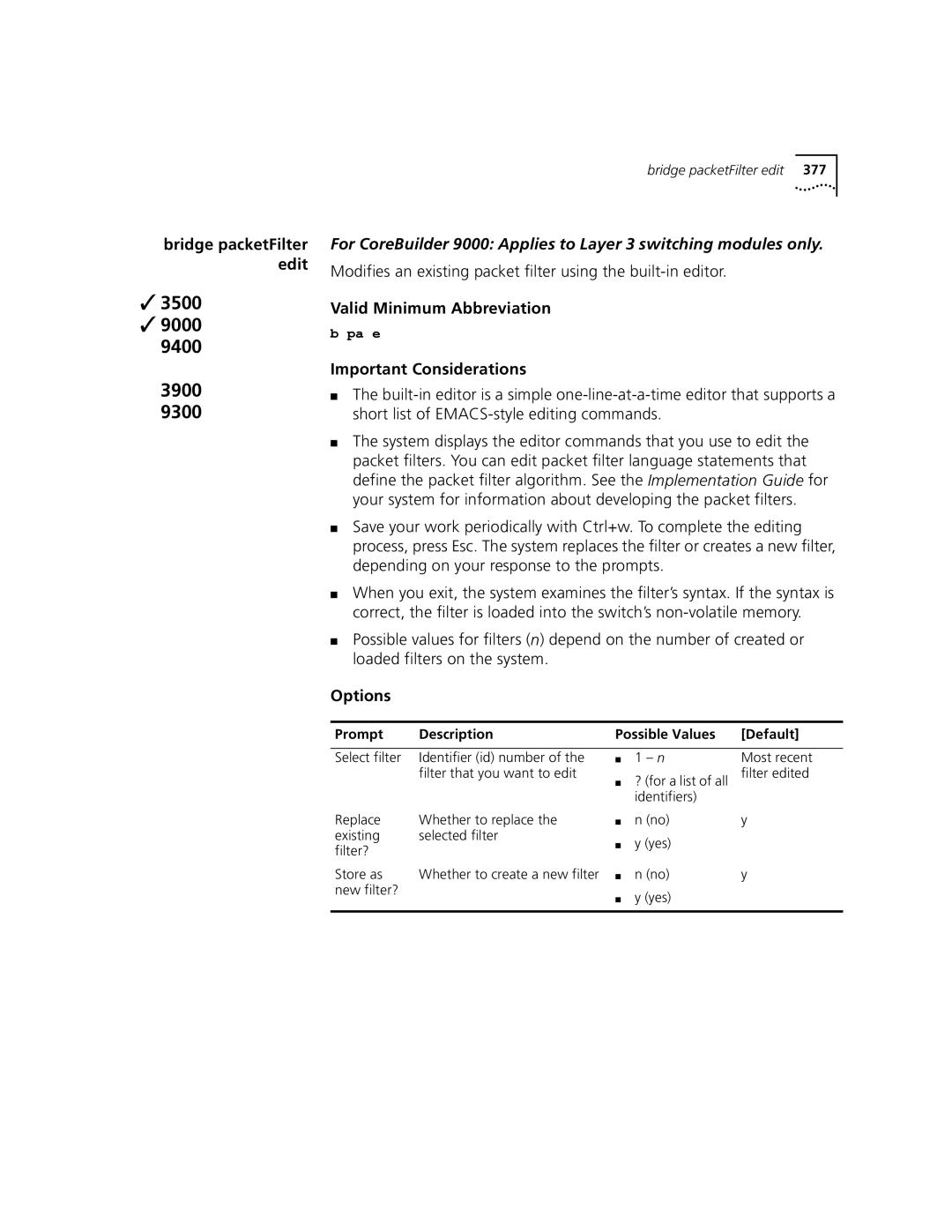 3Com 3500 manual Modifies an existing packet filter using the built-in editor 