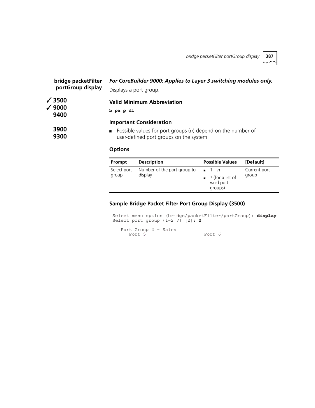 3Com 3500 manual Displays a port group, Sample Bridge Packet Filter Port Group Display, Select port 