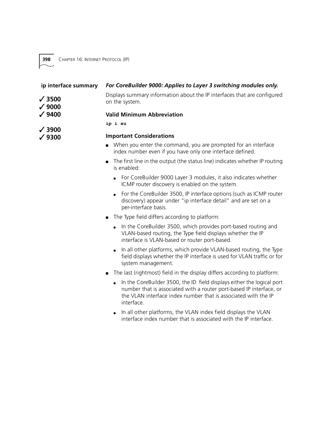 3Com 3500 manual Ip interface summary, Valid Minimum Abbreviation 