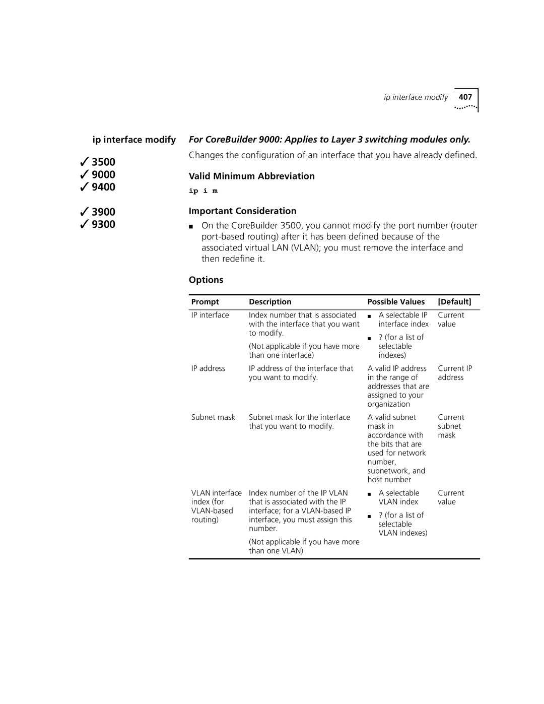 3Com 3500 manual Ip interface modify, Vlan index Value 