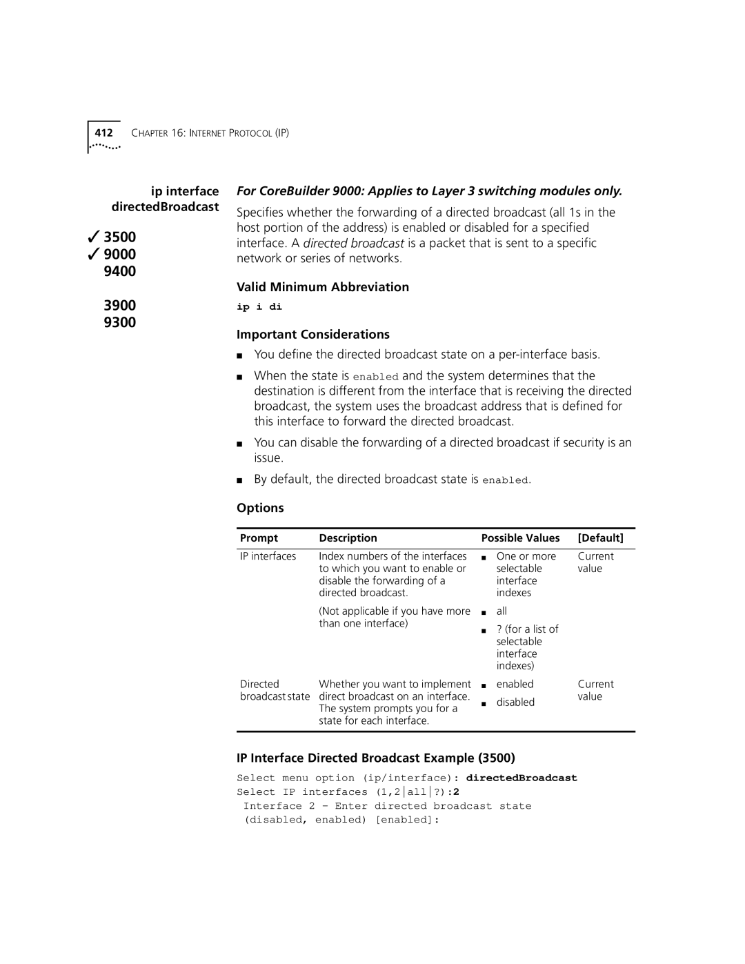 3Com 3500 manual IP Interface Directed Broadcast Example 