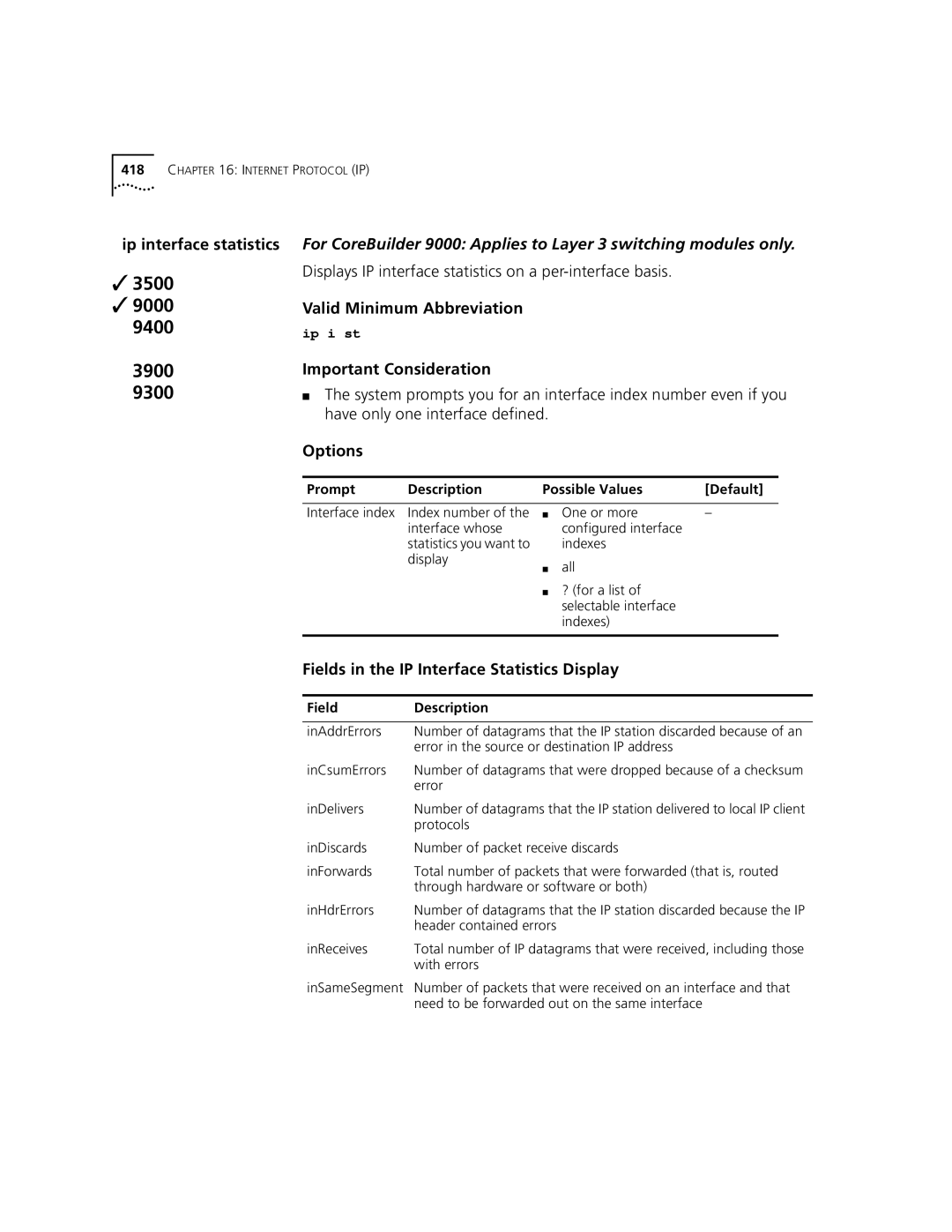 3Com 3500 manual Ip interface statistics, Displays IP interface statistics on a per-interface basis 