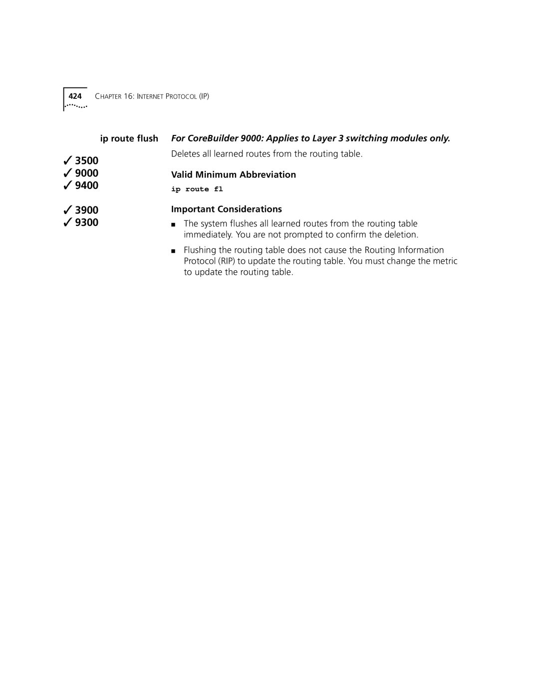 3Com 3500 manual Ip route flush, Deletes all learned routes from the routing table 