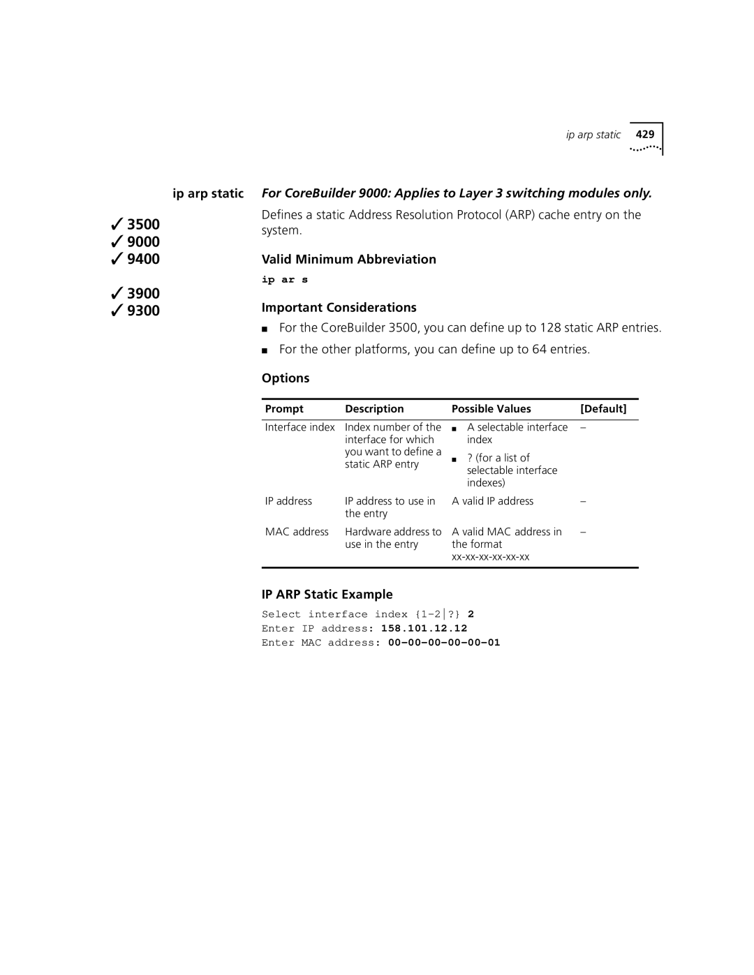 3Com 3500 manual IP ARP Static Example 