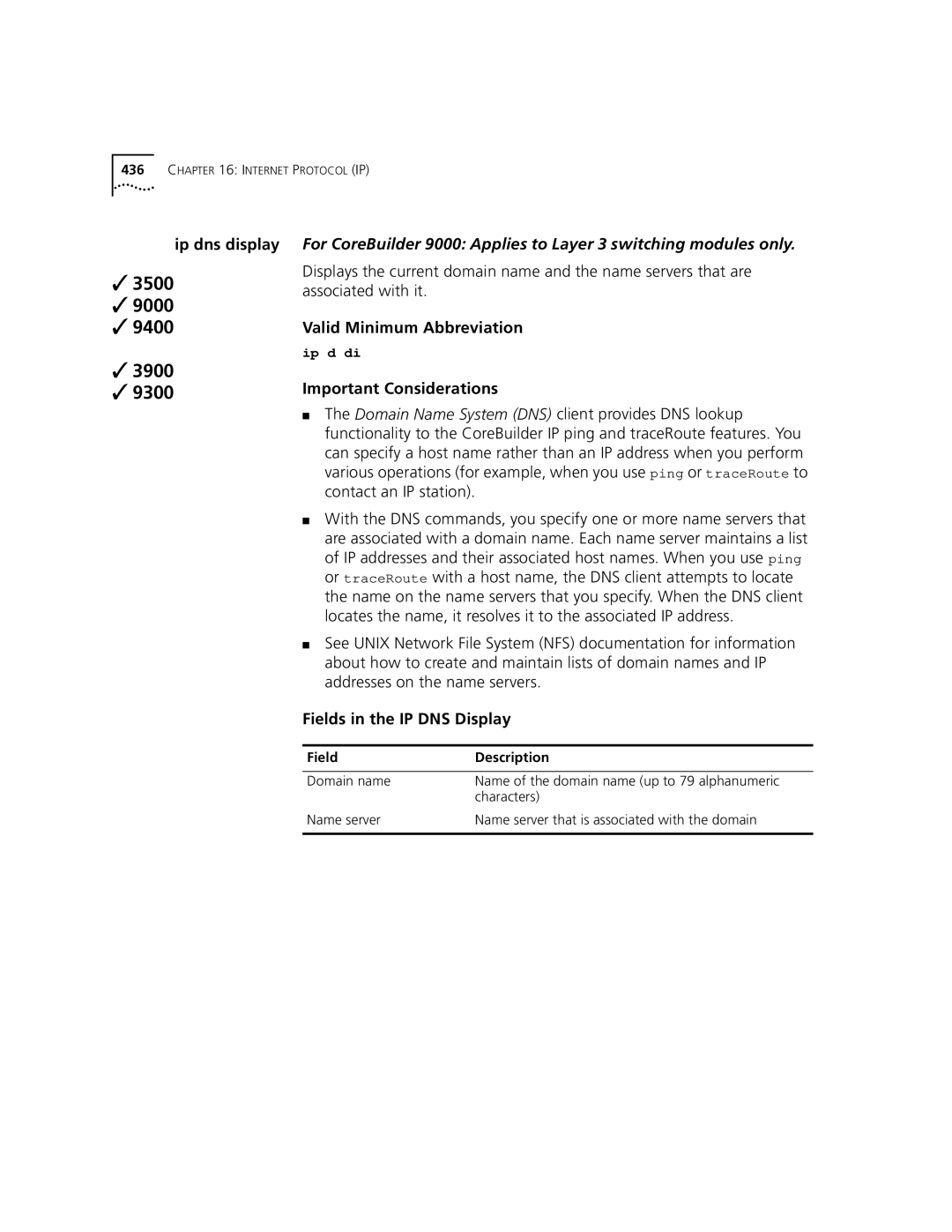 3Com 3500 manual Ip dns display, Fields in the IP DNS Display 