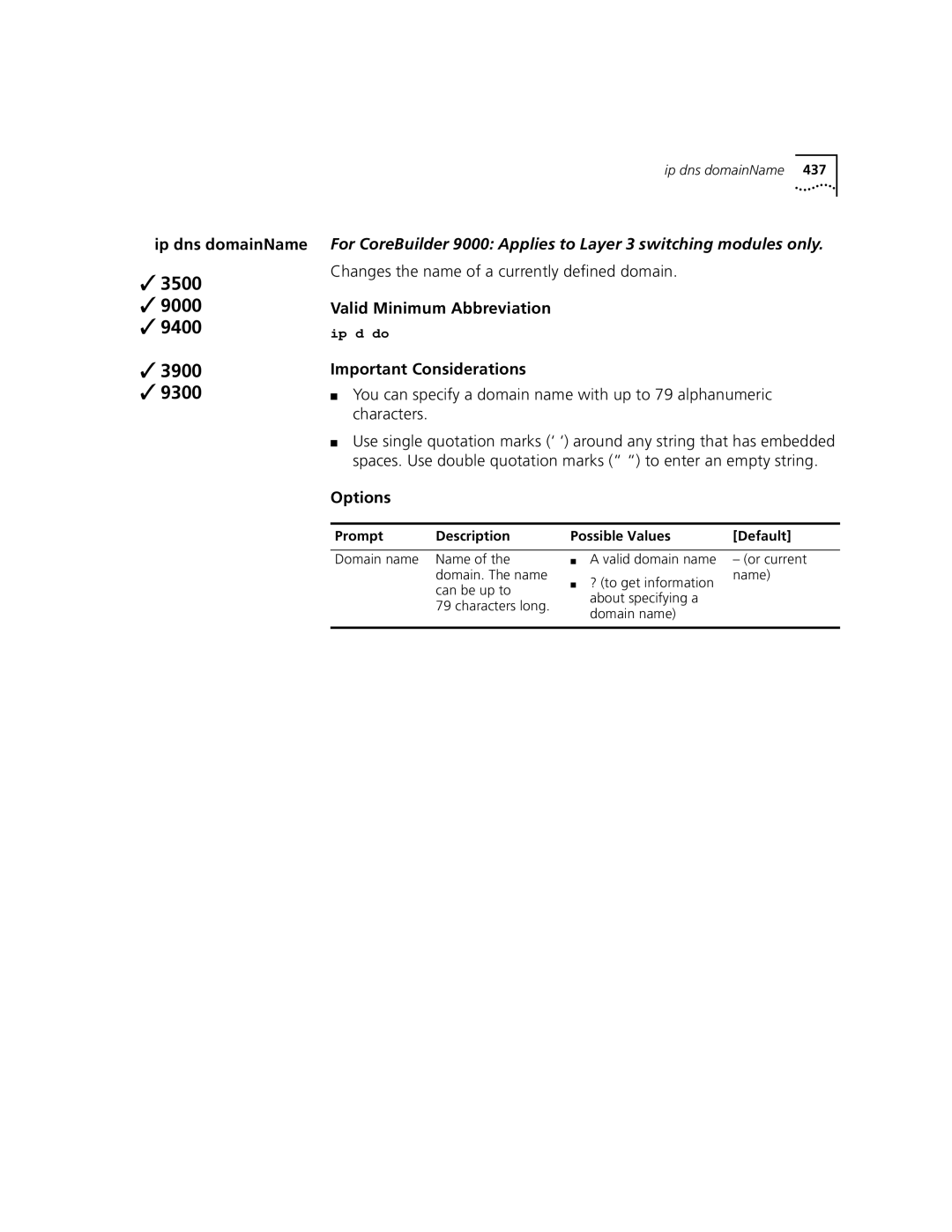 3Com 3500 manual Changes the name of a currently defined domain, Characters long Valid domain name, Or current name 