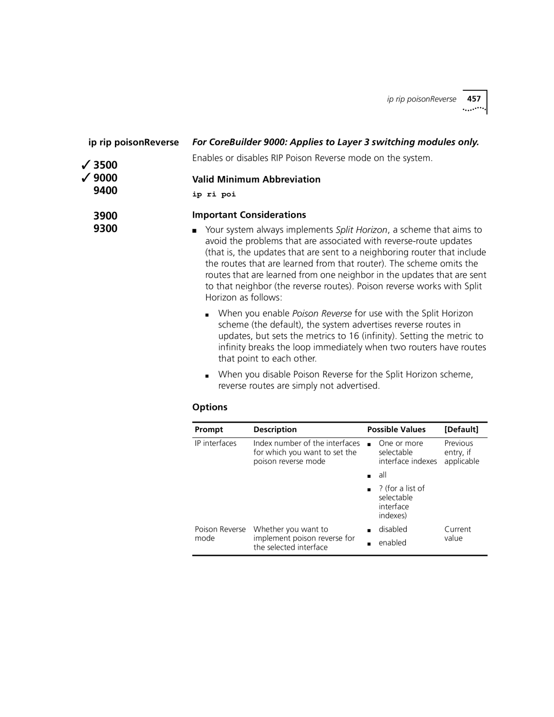 3Com 3500 manual Ip rip poisonReverse, Enables or disables RIP Poison Reverse mode on the system, Selected interface 