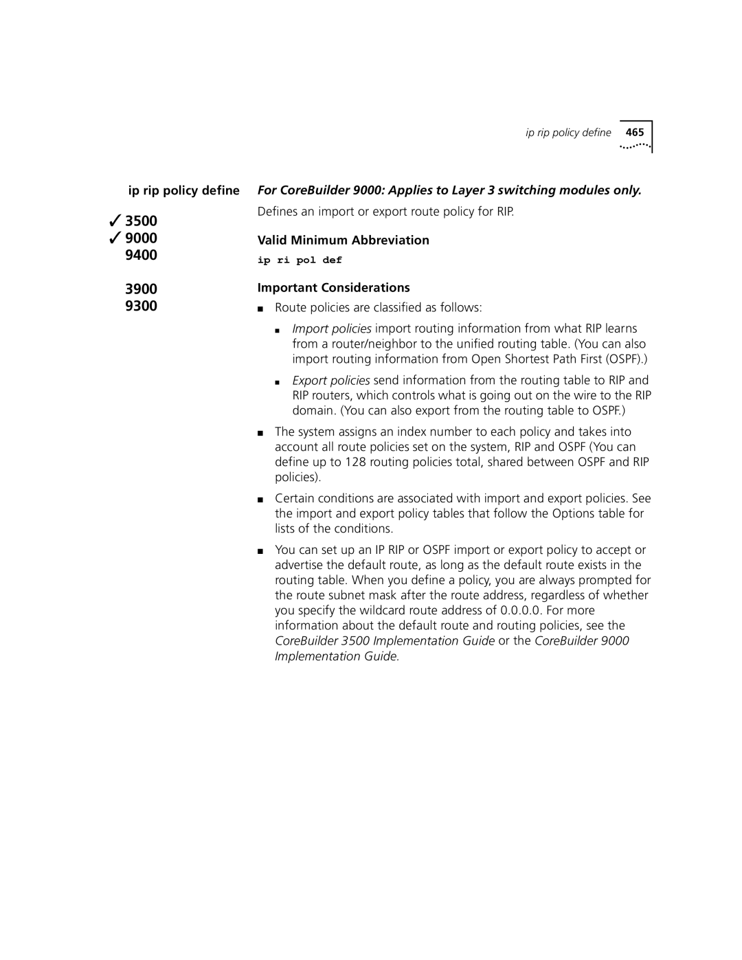 3Com 3500 manual Ip rip policy define, Defines an import or export route policy for RIP 