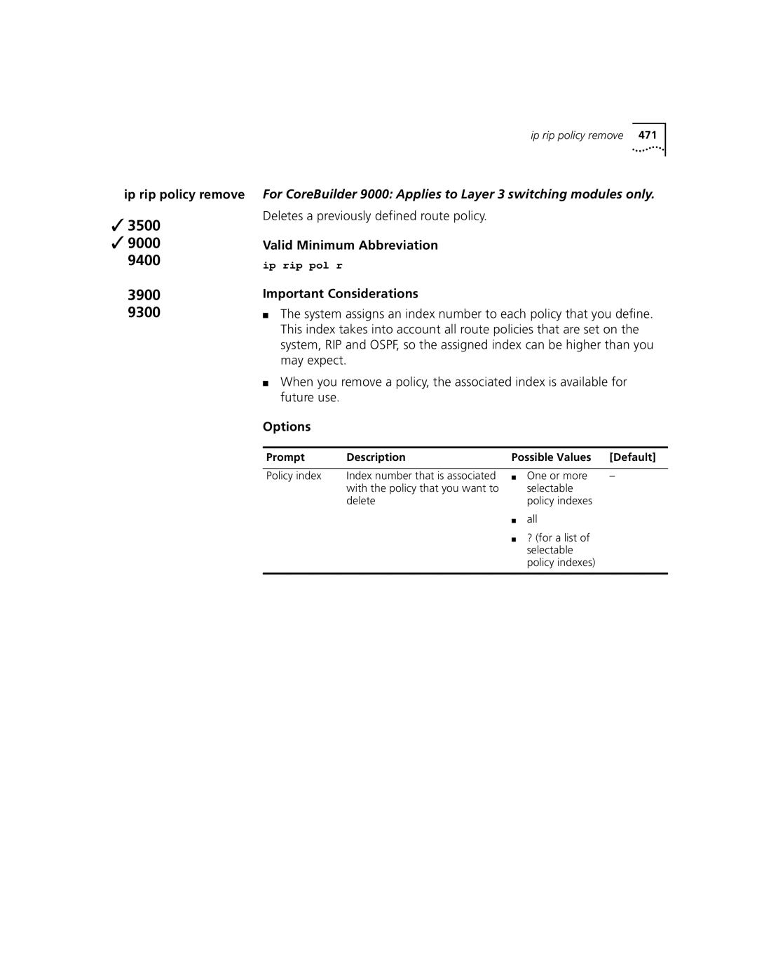 3Com 3500 manual Ip rip policy remove, Deletes a previously defined route policy 