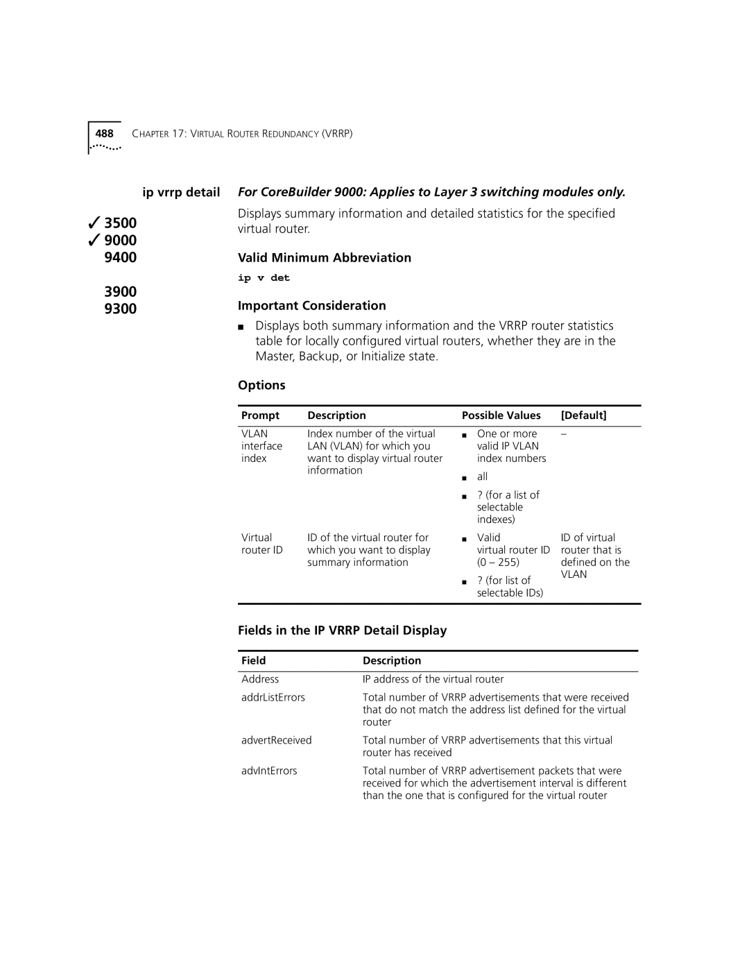 3Com 3500 manual Master, Backup, or Initialize state, Fields in the IP Vrrp Detail Display 