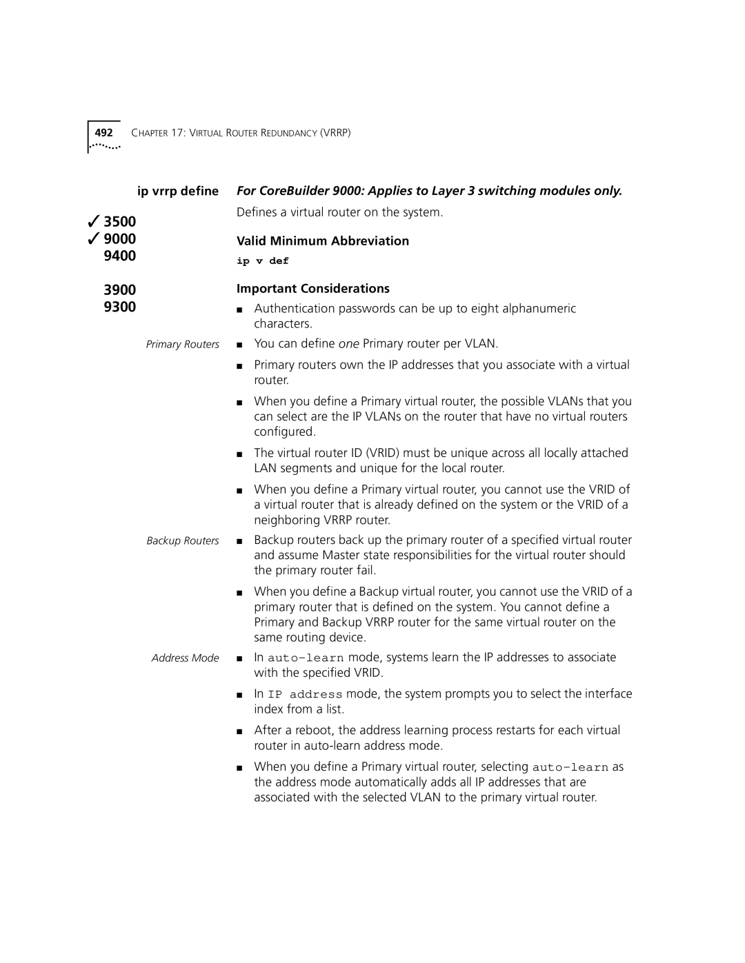 3Com 3500 manual Ip vrrp define, Defines a virtual router on the system 