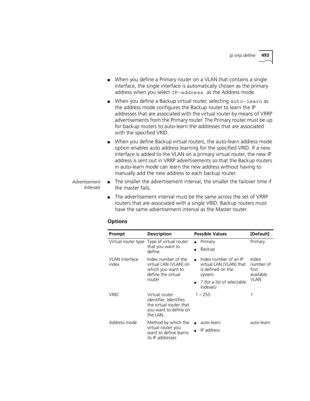 3Com 3500 manual Define the virtual, Backup Index number of an IP Virtual LAN Vlan that 