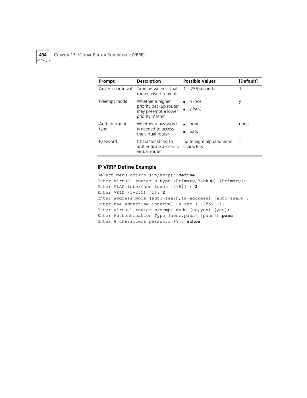 3Com 3500 manual IP Vrrp Define Example, Priority master 