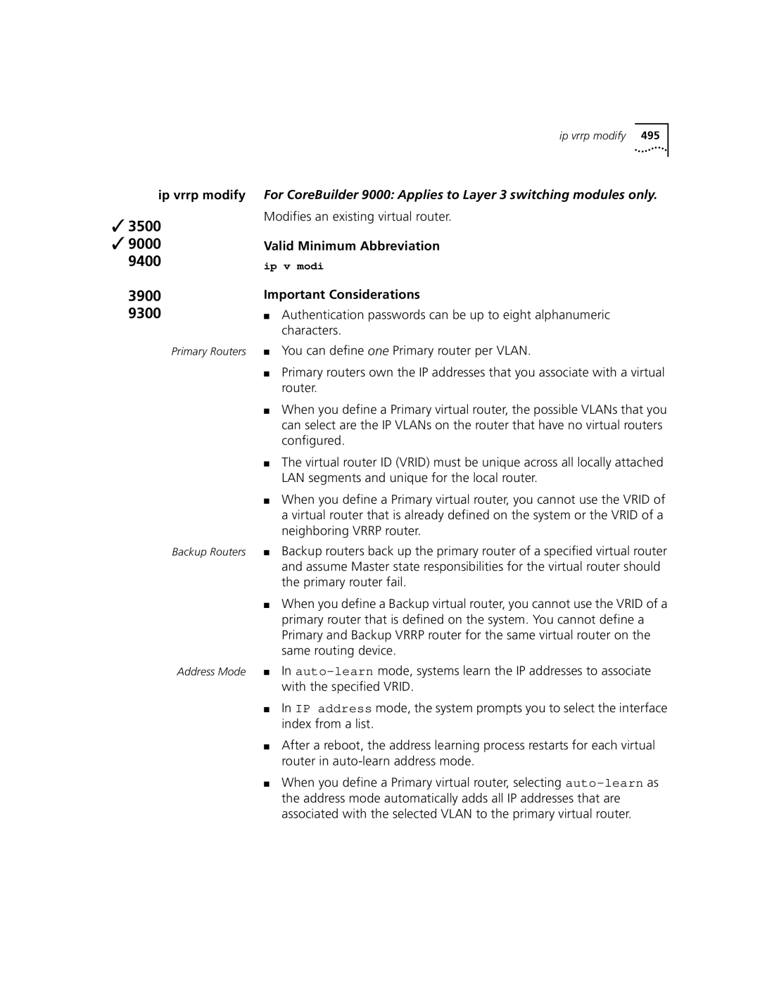 3Com 3500 manual Ip vrrp modify, Modifies an existing virtual router 