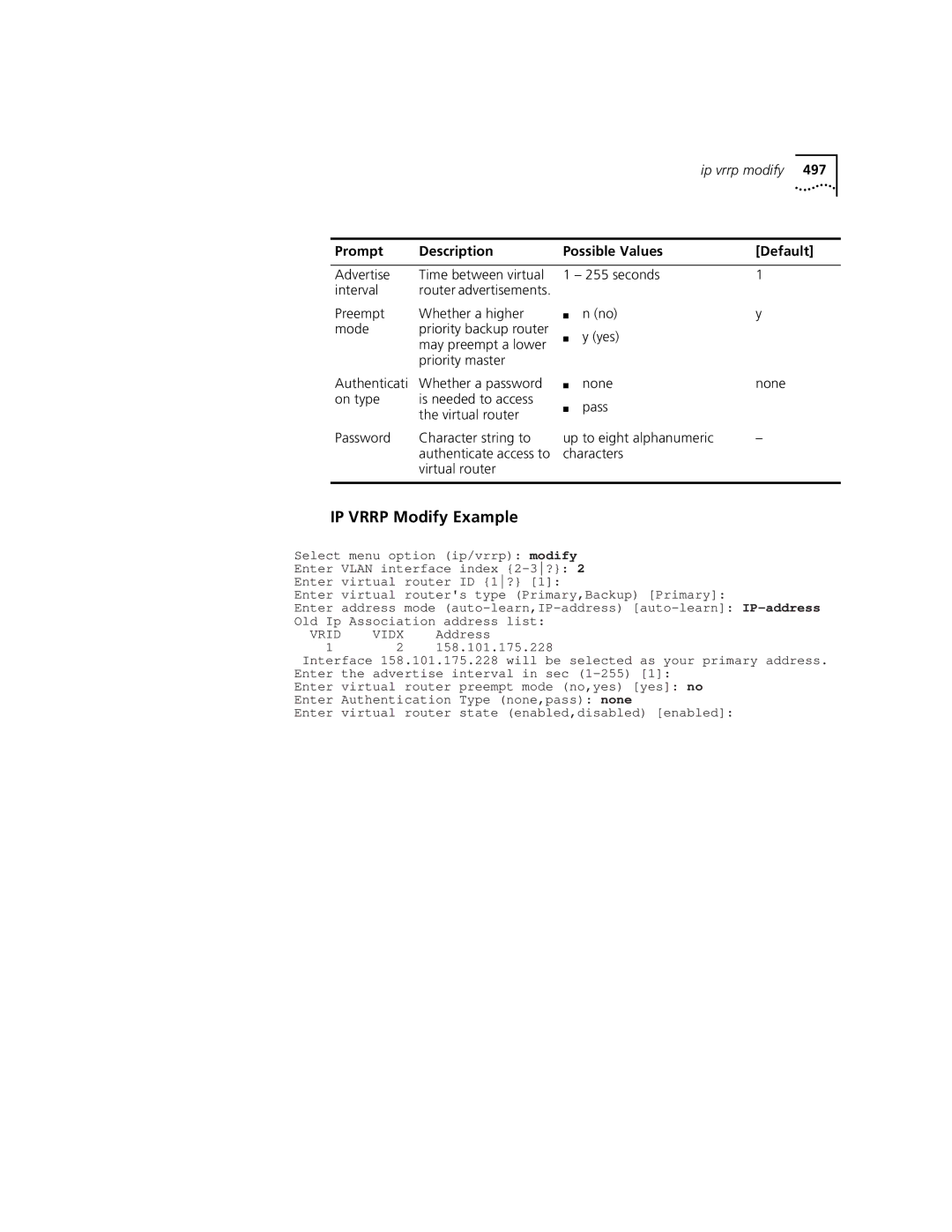 3Com 3500 manual IP Vrrp Modify Example, Vrid Vidx 