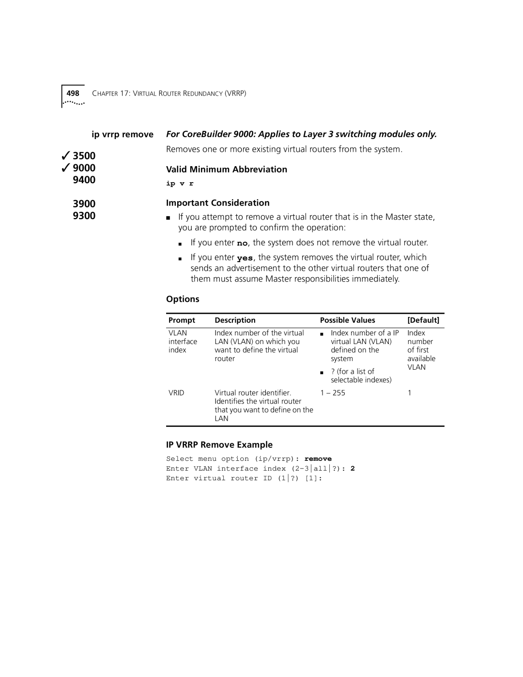 3Com 3500 manual Ip vrrp remove, IP Vrrp Remove Example 