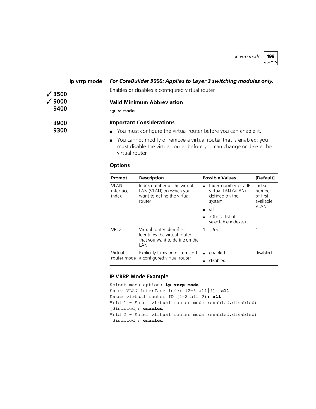 3Com 3500 manual Enables or disables a configured virtual router, IP Vrrp Mode Example, Virtual router identifier 