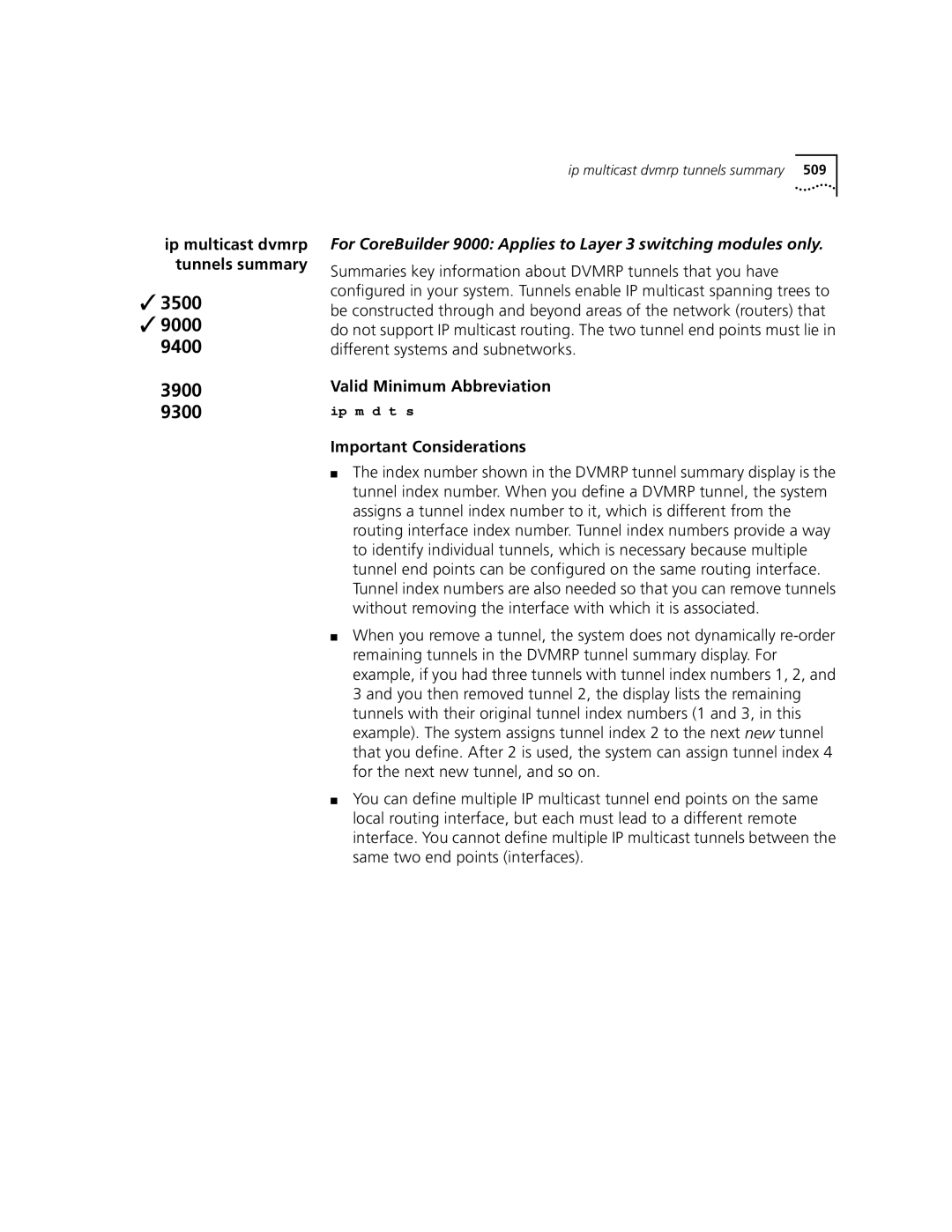 3Com 3500 manual Ip multicast dvmrp tunnels summary 