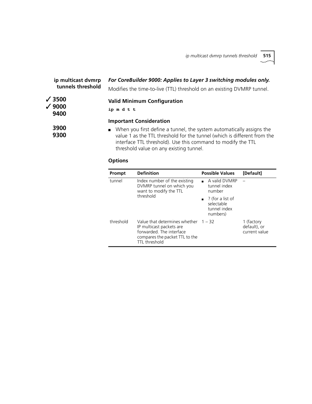 3Com 3500 manual Valid Minimum Configuration, Prompt Definition Possible Values Default, TTL threshold 