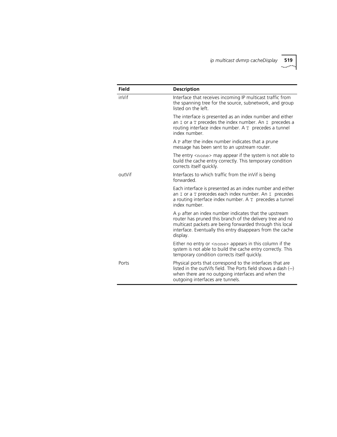 3Com 3500 manual Listed on the left, Routing interface index number. a T precedes a tunnel, Corrects itself quickly 