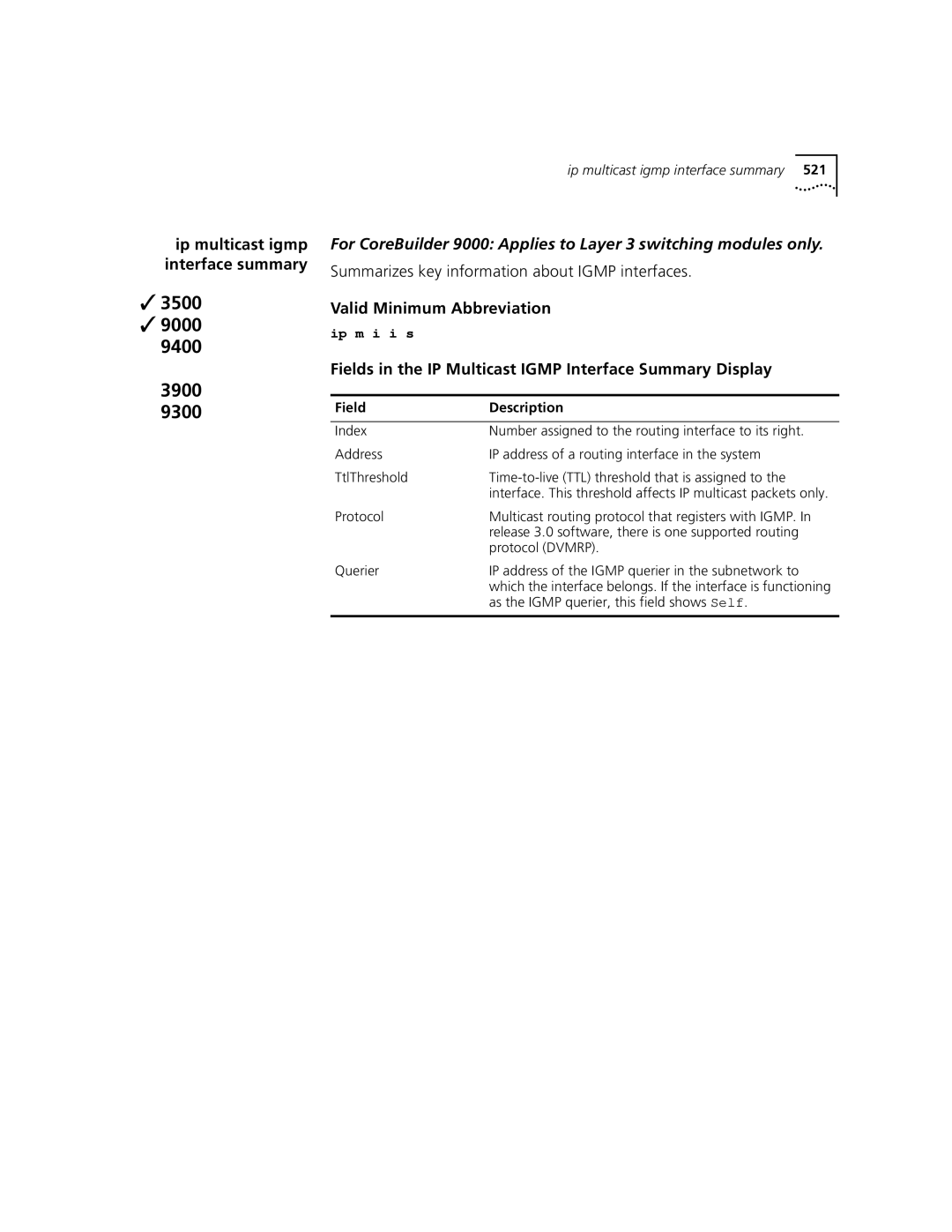 3Com 3500 Summarizes key information about Igmp interfaces, Fields in the IP Multicast Igmp Interface Summary Display 